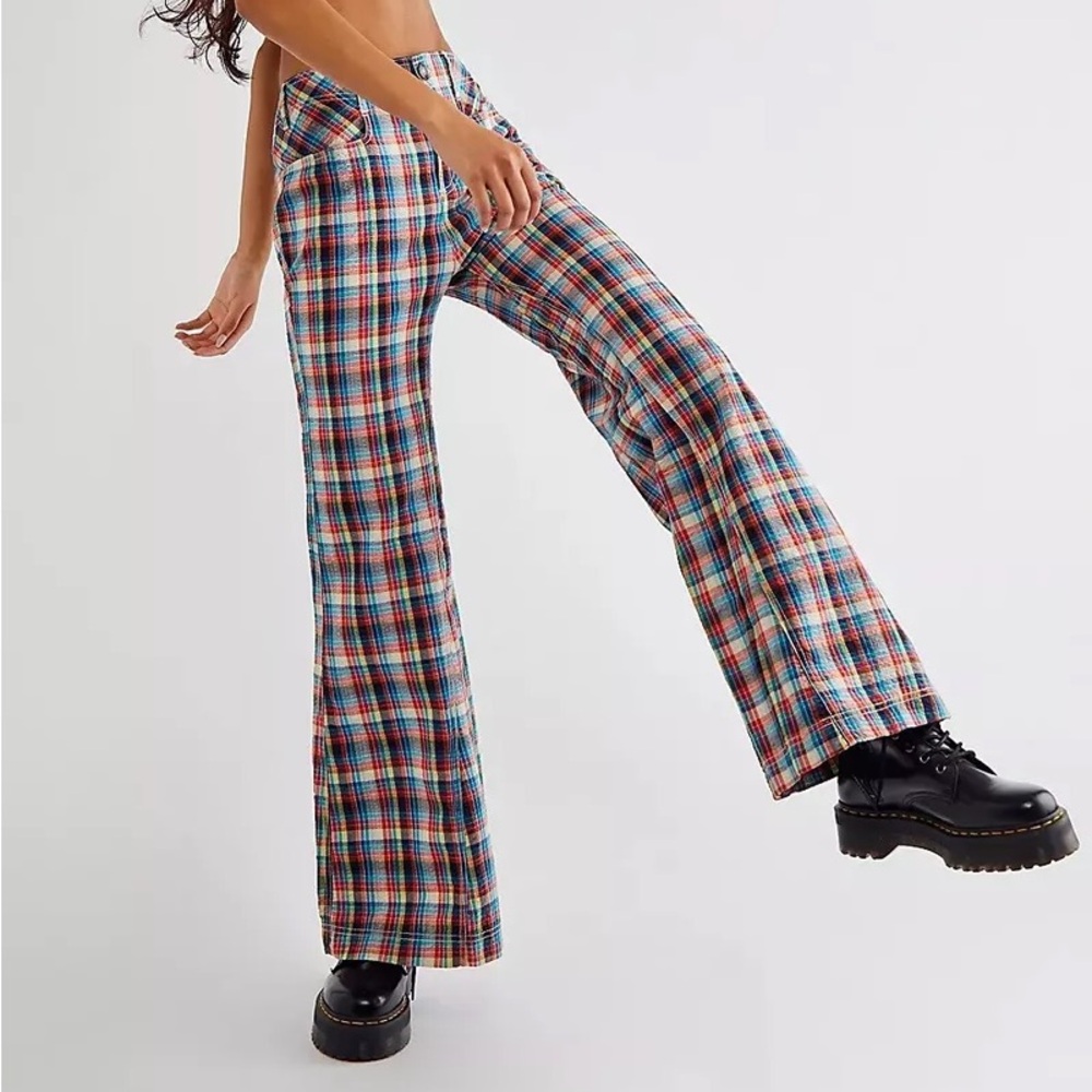 Free People Rainbow Gingham Flare Pants